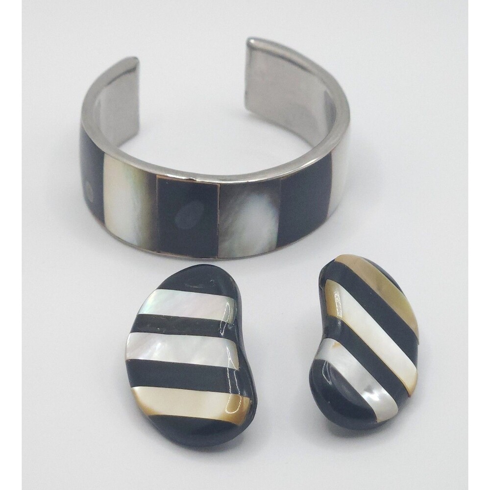 Vintage Silver Onyx Mother of Pearl Inlay Cuff and Earring Set